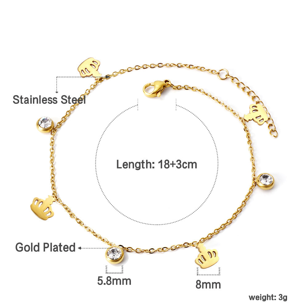 4 Crowns + 3 Round Diamonds Accessories Charm Bracelet 18+3cm Golden asonjewelry