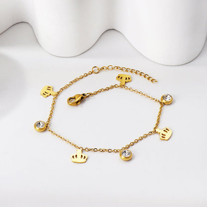 4 Crowns + 3 Round Diamonds Accessories Charm Bracelet 18+3cm Golden asonjewelry