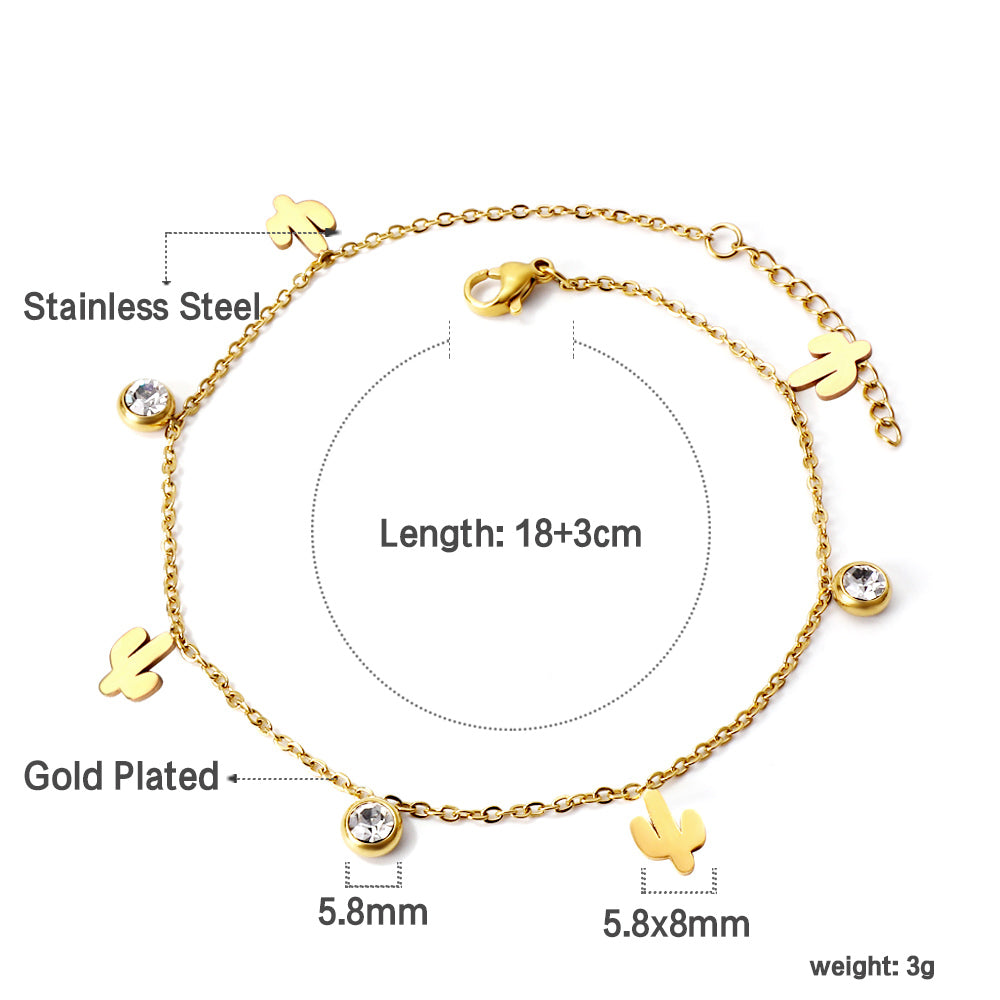 4 Cactus + 3 Round Diamonds Accessories Charm Bracelet 18+3cm Golden asonjewelry
