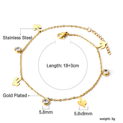 4 Cactus + 3 Round Diamonds Accessories Charm Bracelet 18+3cm Golden asonjewelry