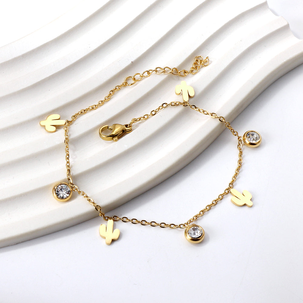 New Spring 4 cactus + 3 round diamond accessories pendant anklet 24+3cm asonjewelry