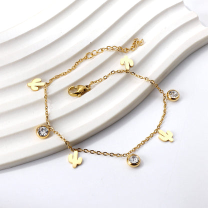 4 Cactus + 3 Round Diamonds Accessories Charm Bracelet 18+3cm Golden asonjewelry