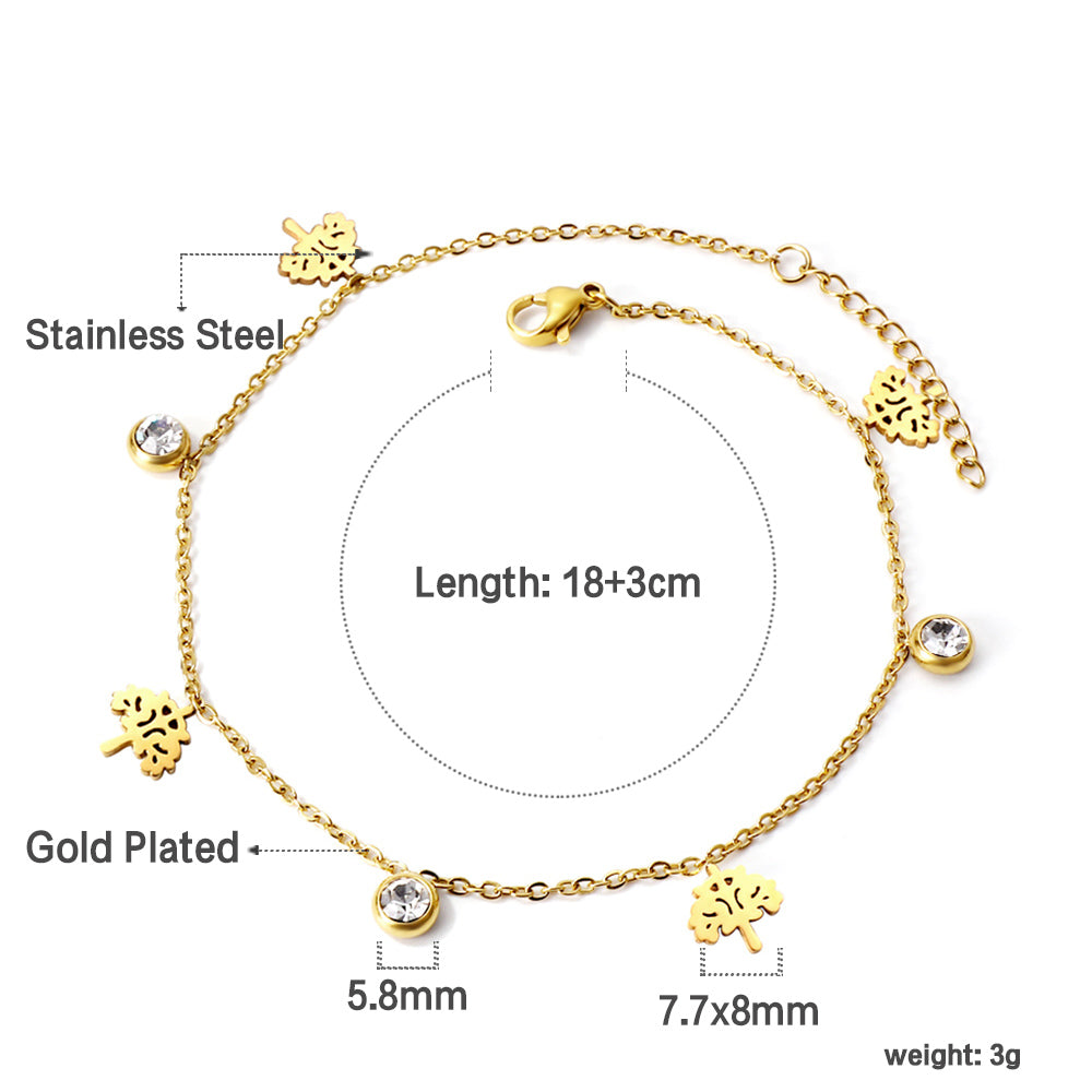 4 Tree + 3 Round Diamonds Accessories Charm Bracelet 18+3cm Gold asonjewelry