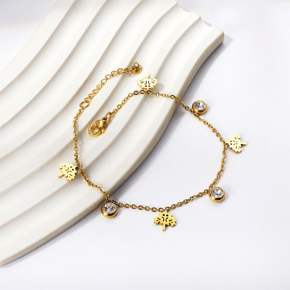 4 Tree + 3 Round Diamonds Accessories Charm Bracelet 18+3cm Gold asonjewelry