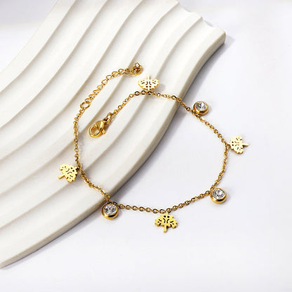 4 Tree + 3 Round Diamonds Accessories Charm Bracelet 18+3cm Gold asonjewelry