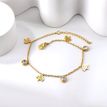 4 Tree + 3 Round Diamonds Accessories Charm Bracelet 18+3cm Gold asonjewelry