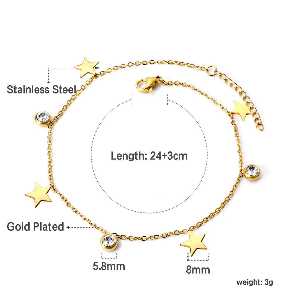 Spring 4 stars + 3 round diamonds accessories charm anklet 24+3cm asonjewelry