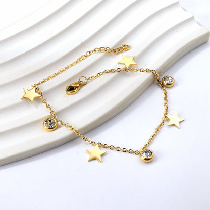 Spring 4 stars + 3 round diamonds accessories charm anklet 24+3cm asonjewelry