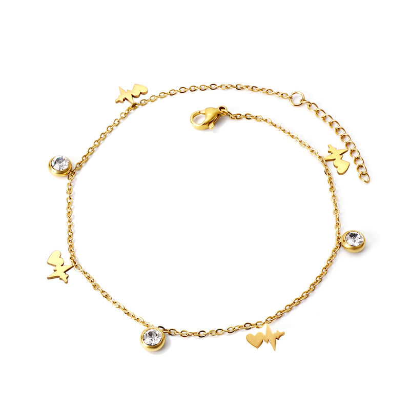 4 EKG + 3 Round Diamonds Accessories Charm Bracelet 18+3cm Gold