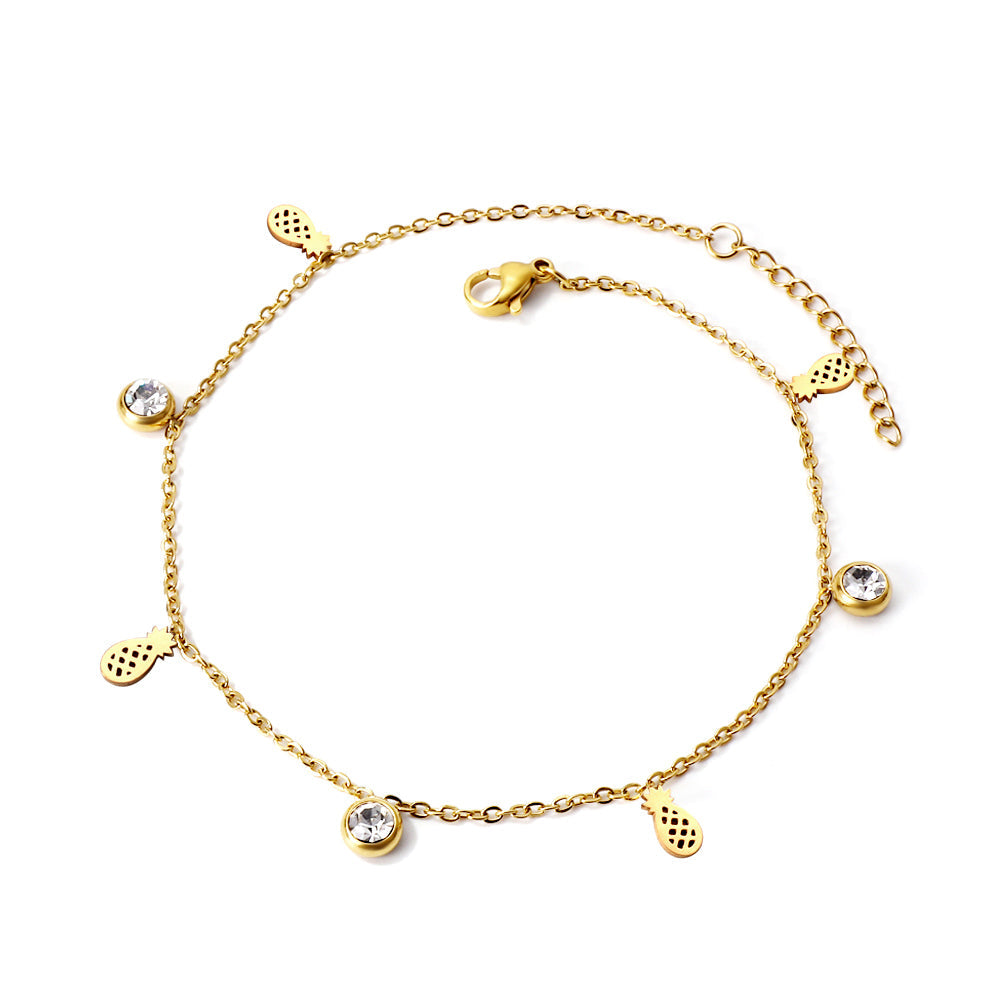 4 Pineapples + 3 Round Diamonds Accessories Charm Bracelet 18+3cm Gold asonjewelry