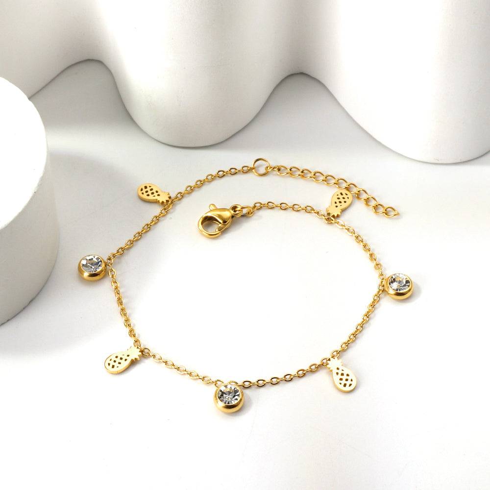 4 Pineapples + 3 Round Diamonds Accessories Charm Bracelet 18+3cm Gold asonjewelry