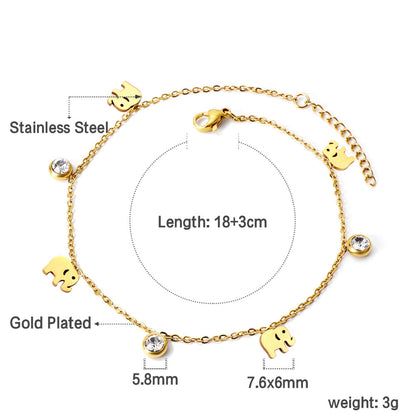 4 Elephants + 3 Round Diamond Accessory Charm Bracelet 18+3cm Golden asonjewelry