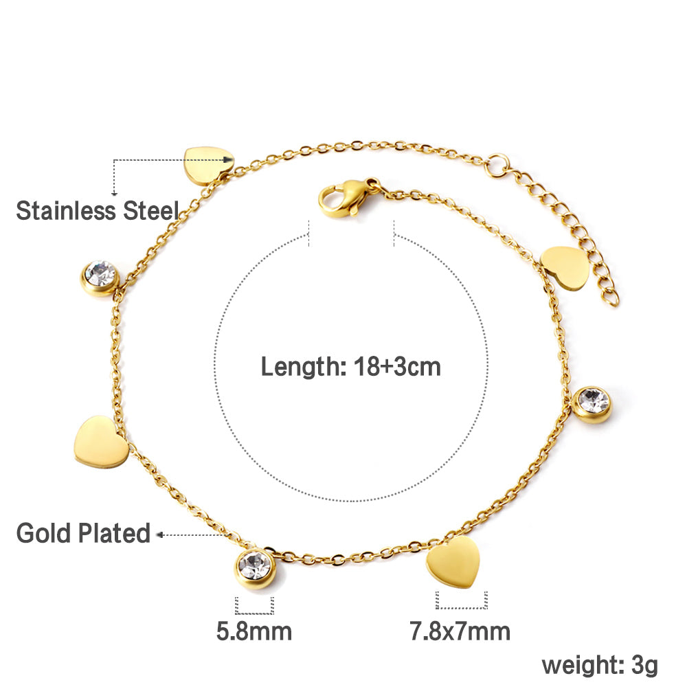 4 hearts + 3 round diamond accessory charm bracelet 18+3cm golden asonjewelry