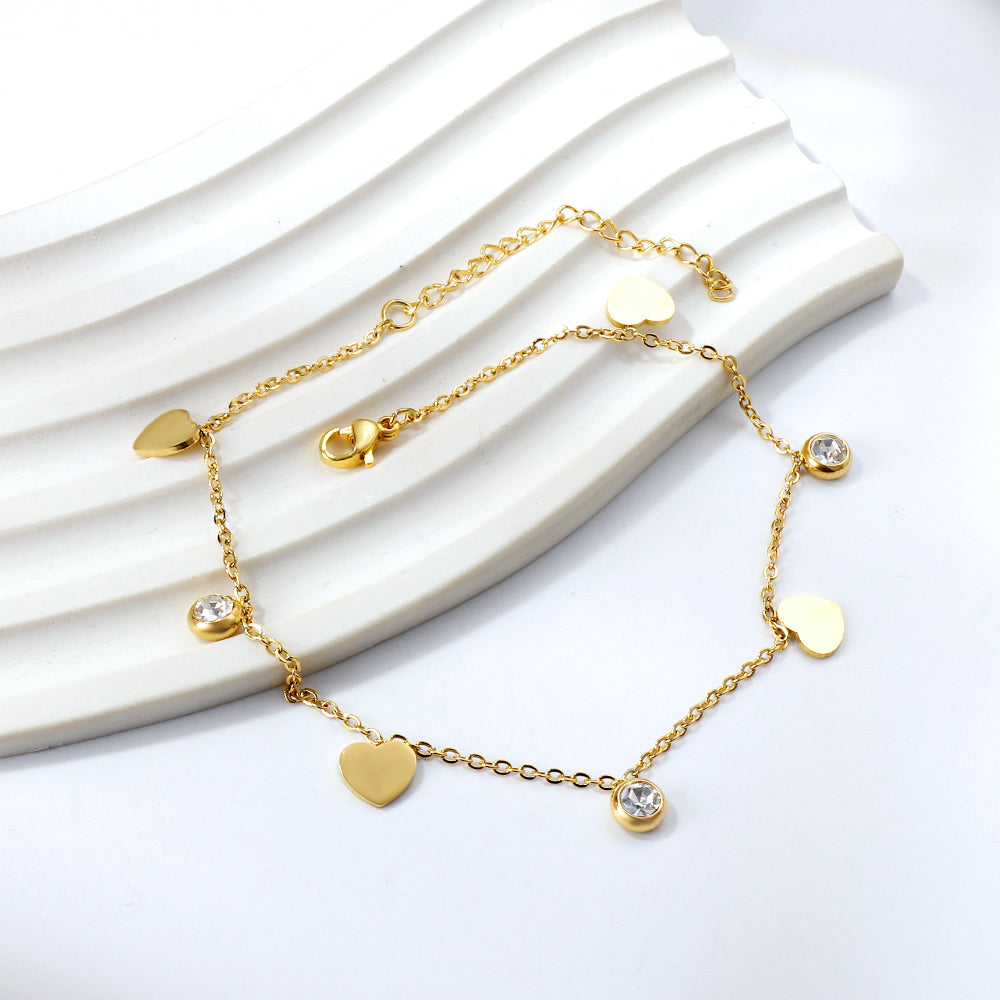 Spring 4 hearts + 3 round diamonds accessories charm anklet 24+3cm asonjewelry