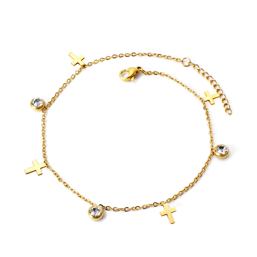 Spring 4 crosses + 3 round diamond accessories charm anklet 24+3cm asonjewelry