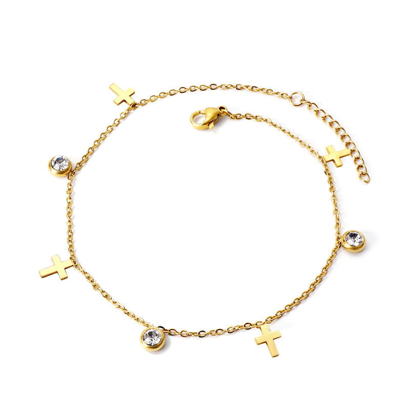Spring 4 crosses + 3 round diamond accessories charm anklet 24+3cm