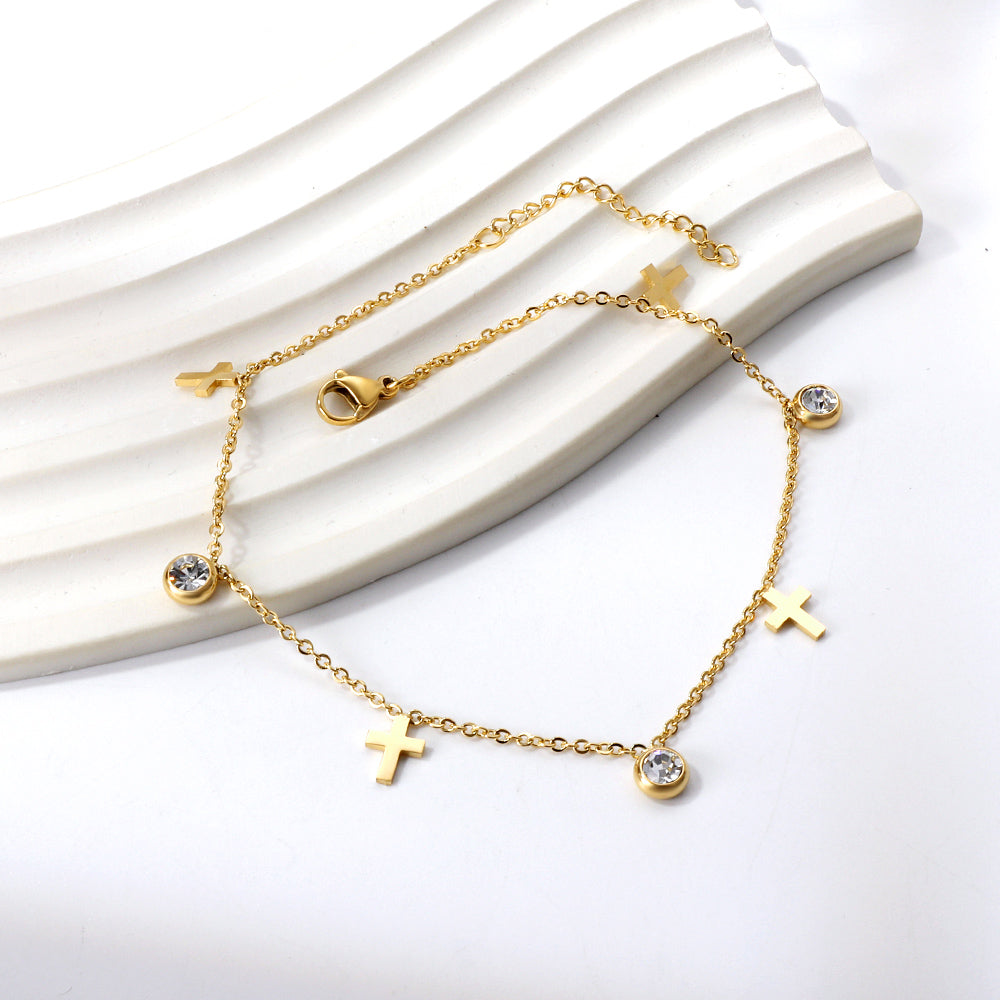 Spring 4 crosses + 3 round diamond accessories charm anklet 24+3cm asonjewelry