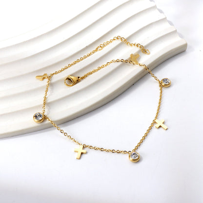Spring 4 crosses + 3 round diamond accessories charm anklet 24+3cm asonjewelry