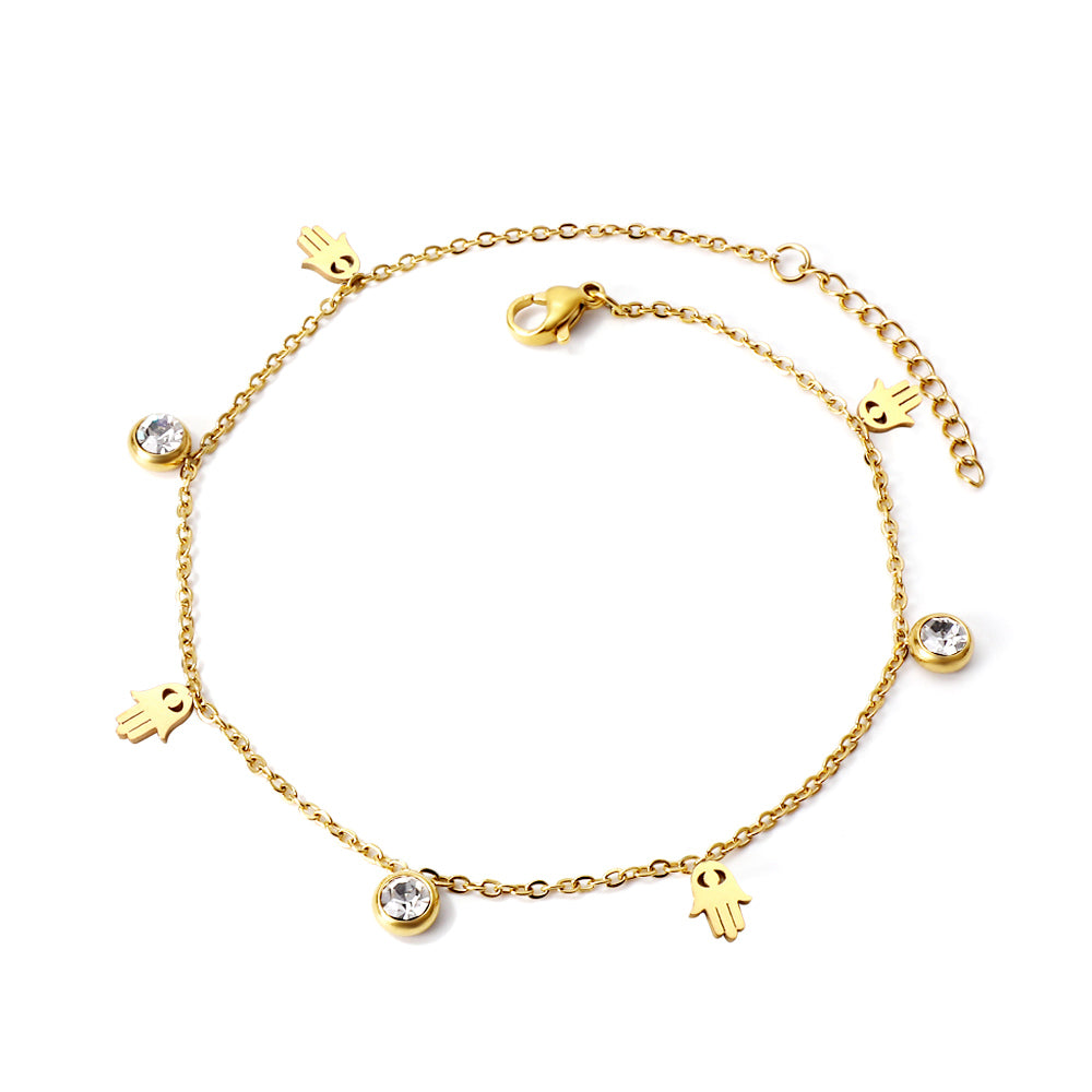 Spring 4 palms + 3 round diamond accessories charm anklet 24+3cm asonjewelry