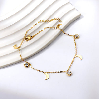 Spring 4 moons + 3 round diamonds accessories charm anklet 24+3cm asonjewelry
