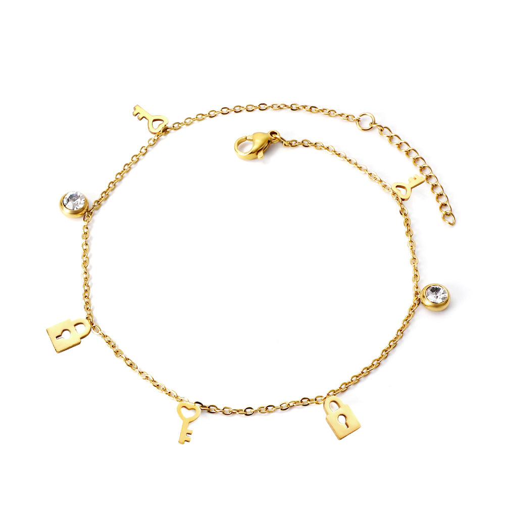 Spring 3 keys + 2 lock shapes + 2 round diamond accessories charm anklet 24+3cm asonjewelry