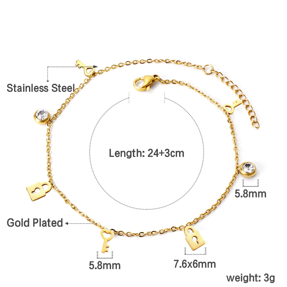 Spring 3 keys + 2 lock shapes + 2 round diamond accessories charm anklet 24+3cm asonjewelry