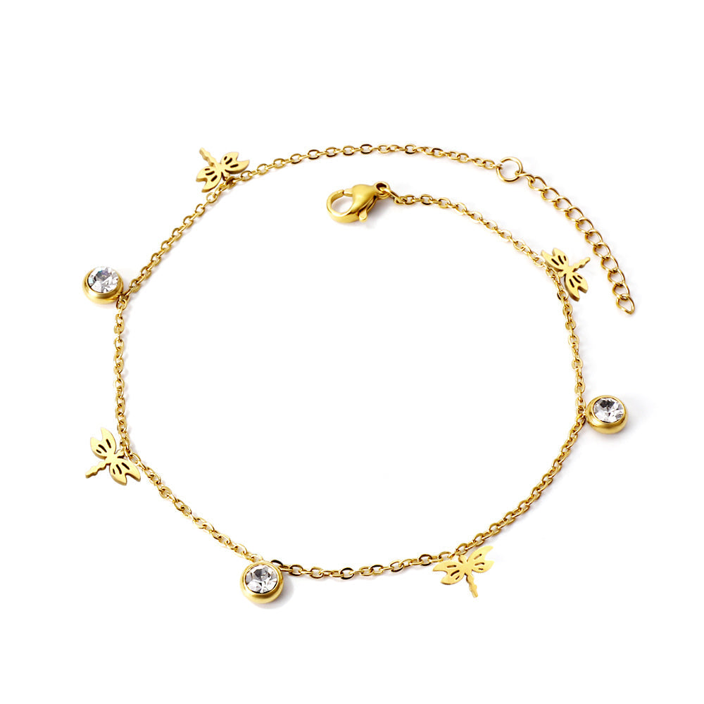 4 Dragonflies + 3 Round Diamonds Accessories Charm Bracelet 18+3cm Gold asonjewelry