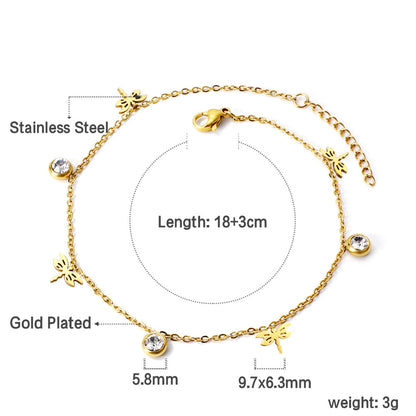 4 Dragonflies + 3 Round Diamonds Accessories Charm Bracelet 18+3cm Gold asonjewelry
