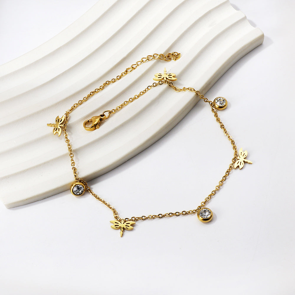 4 Dragonflies + 3 Round Diamonds Accessories Charm Bracelet 18+3cm Gold asonjewelry