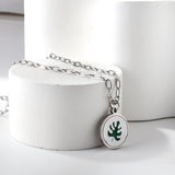Round White Shell with Green Leaf Pendant Necklace 45+5cm