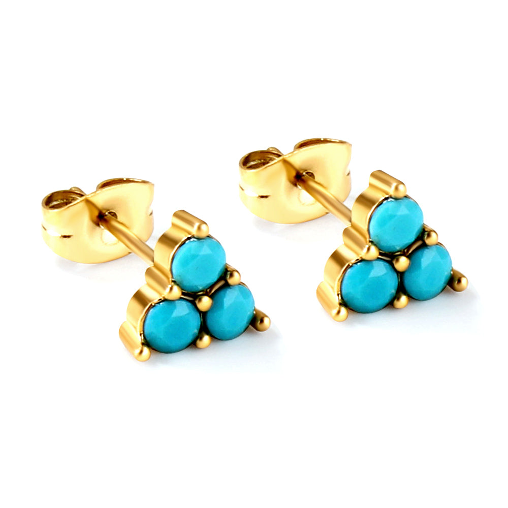 Triangle with three blue beads earrings 18k Gold asonjewelry