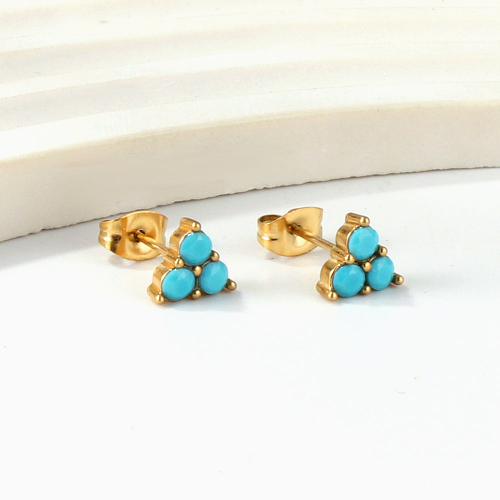 Triangle with three blue beads earrings 18k Gold asonjewelry
