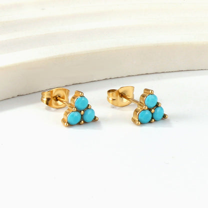 Triangle with three blue beads earrings 18k Gold asonjewelry