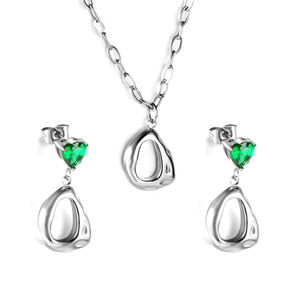 Stud earrings green heart diamond with shaped circle set steel color / gold color asonjewelry