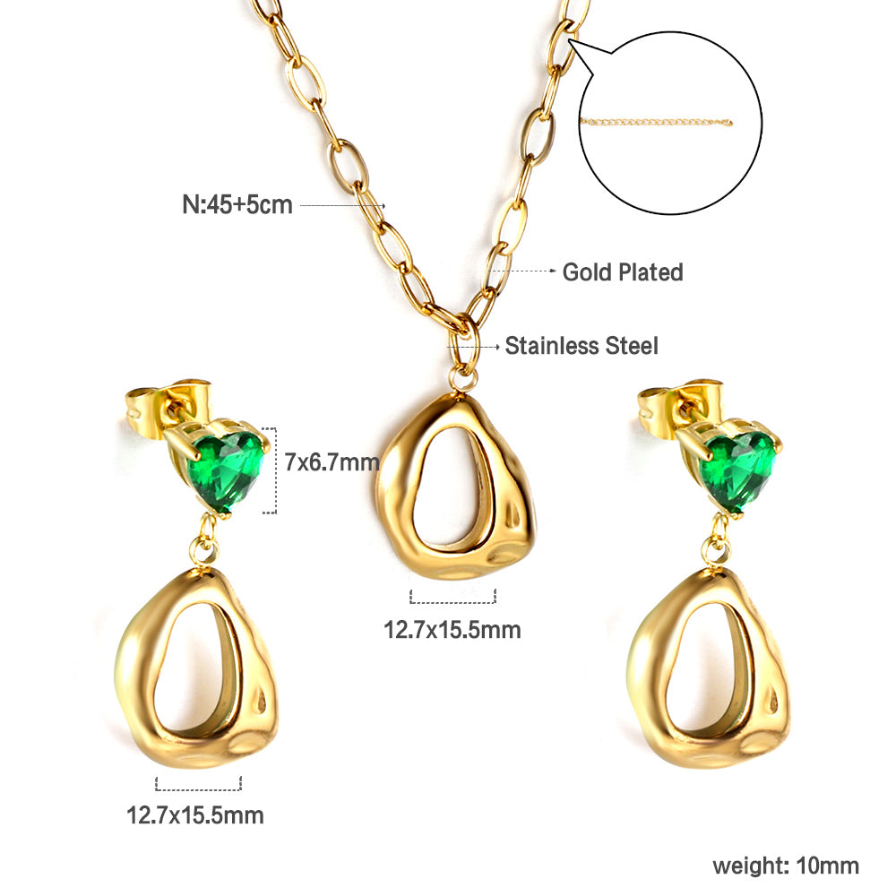 Stud earrings green heart diamond with shaped circle set steel color / gold color asonjewelry