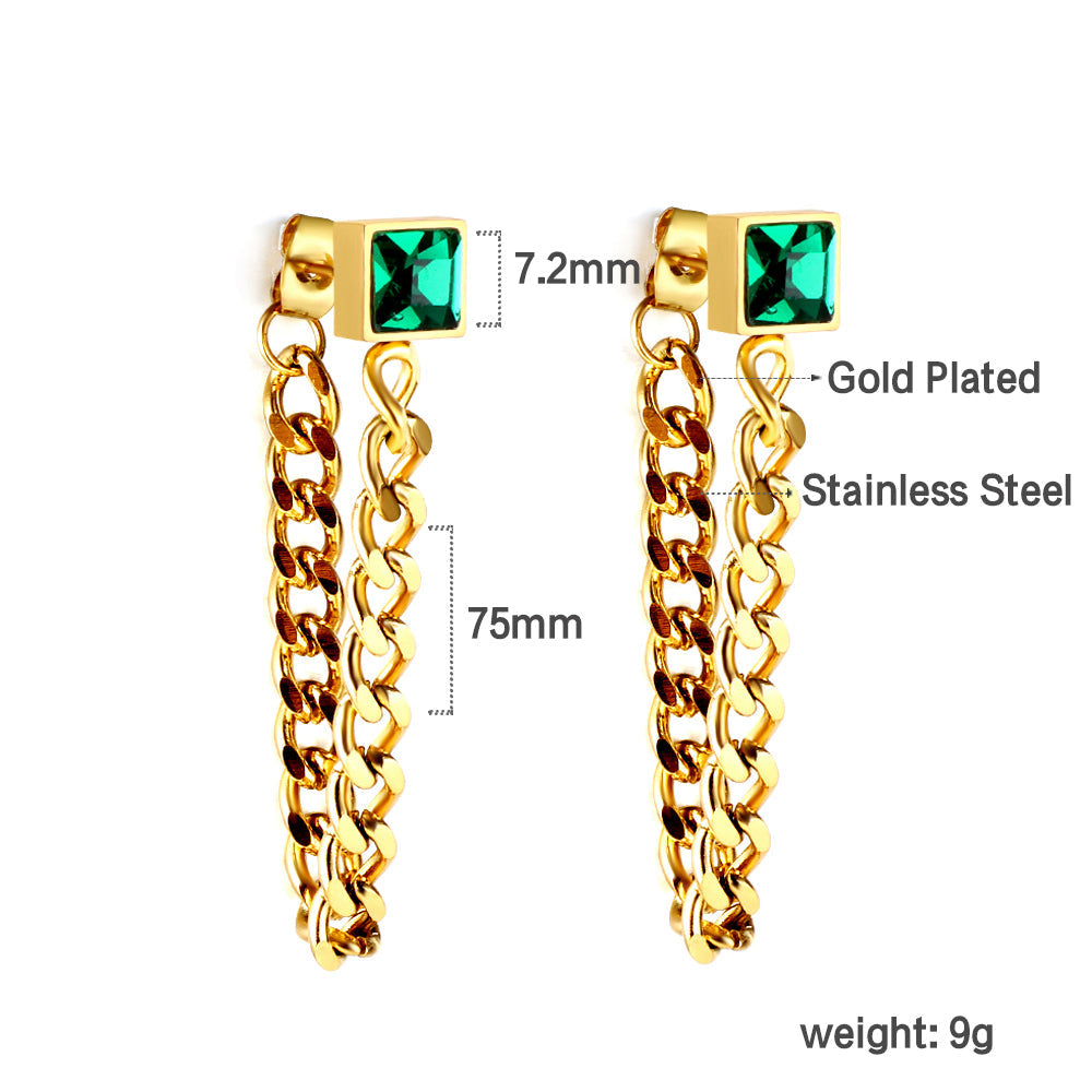 Square green diamond stud earrings with matching chain 18k gold asonjewelry