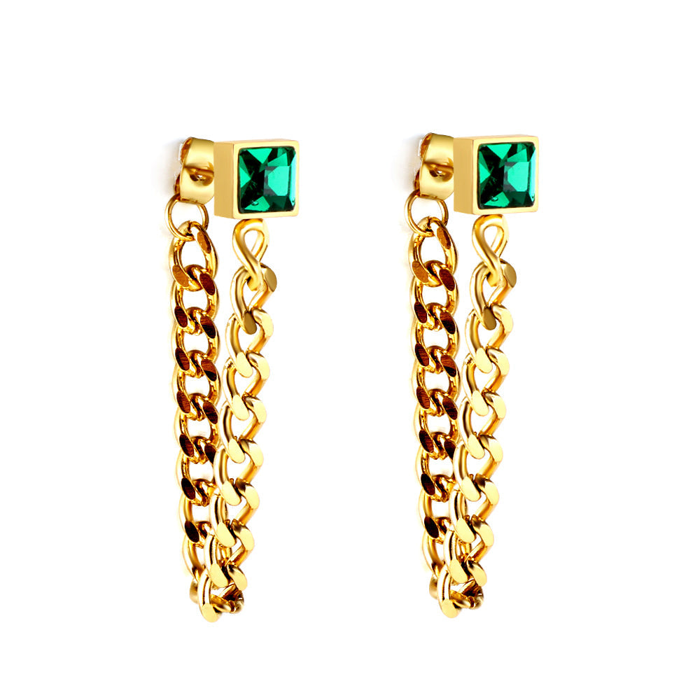 Square green diamond stud earrings with matching chain 18k gold asonjewelry