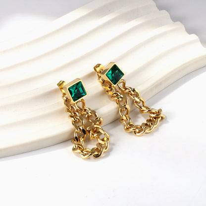 Square green diamond stud earrings with matching chain 18k gold asonjewelry
