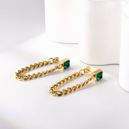 Square green diamond stud earrings with matching chain 18k gold asonjewelry
