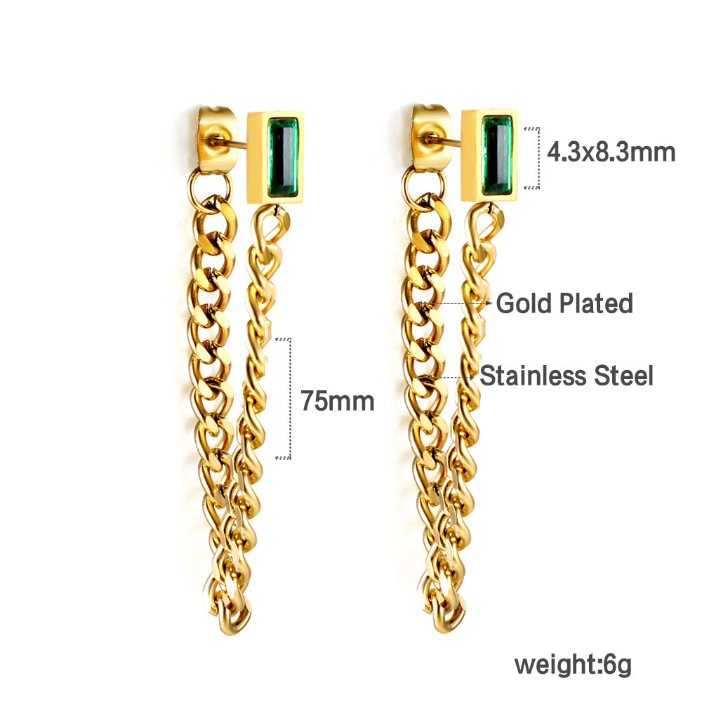 Rectangular green diamond earrings with matching chain 18K gold asonjewelry