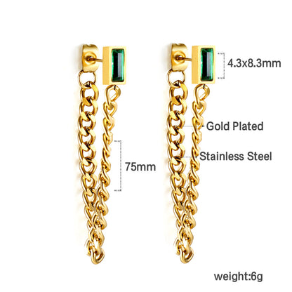 Rectangular green diamond earrings with matching chain 18K gold asonjewelry