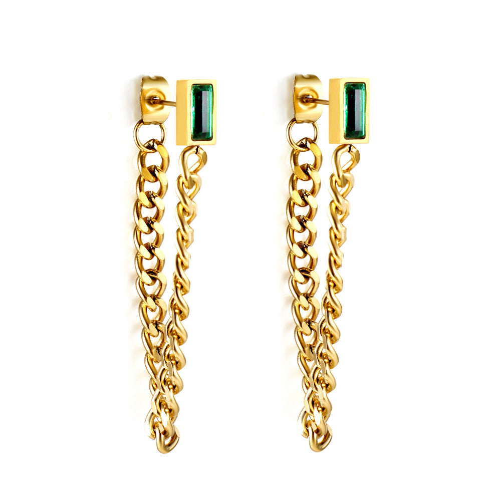 Rectangular green diamond earrings with matching chain 18K gold asonjewelry