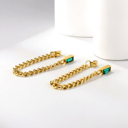 Rectangular green diamond earrings with matching chain 18K gold asonjewelry