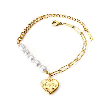 HAPPY heart accessory bracelet with white pearls 17+5cm gold color asonjewelry