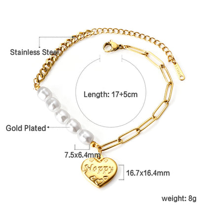 HAPPY heart accessory bracelet with white pearls 17+5cm gold color asonjewelry