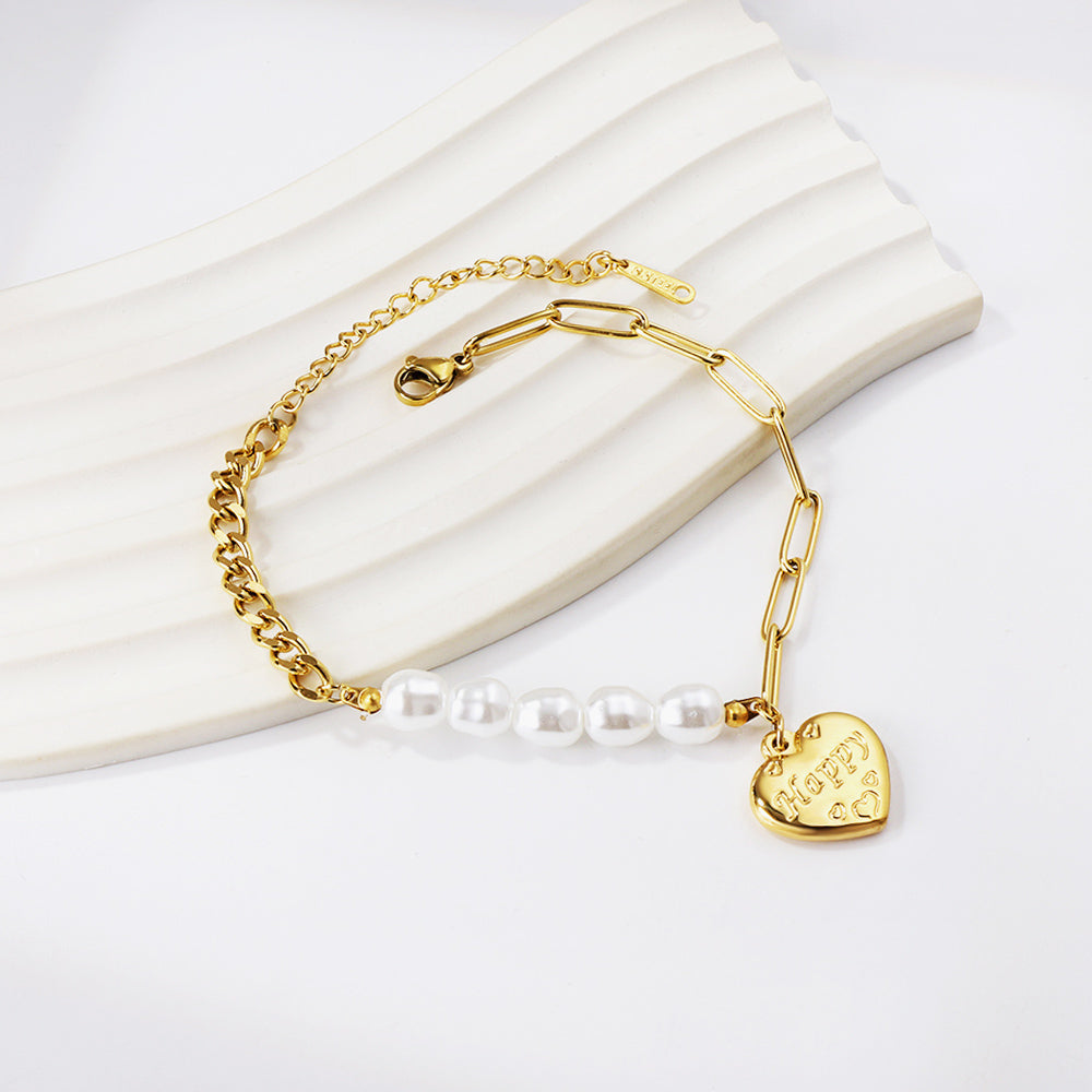 HAPPY heart accessory bracelet with white pearls 17+5cm gold color asonjewelry