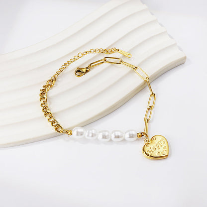 HAPPY heart accessory bracelet with white pearls 17+5cm gold color asonjewelry
