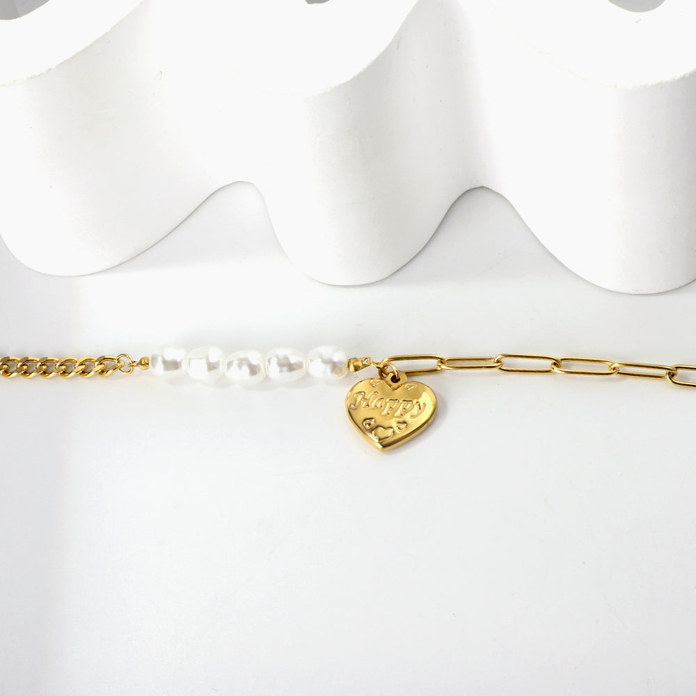 HAPPY heart accessory bracelet with white pearls 17+5cm gold color asonjewelry