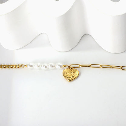 HAPPY heart accessory bracelet with white pearls 17+5cm gold color asonjewelry