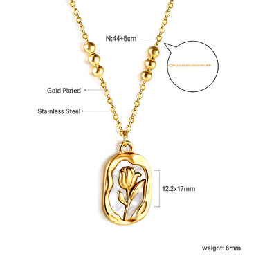 Long Oval Rose with White Shell Pendant 3 Bead Chain Necklace 44+5cm Golden asonjewelry